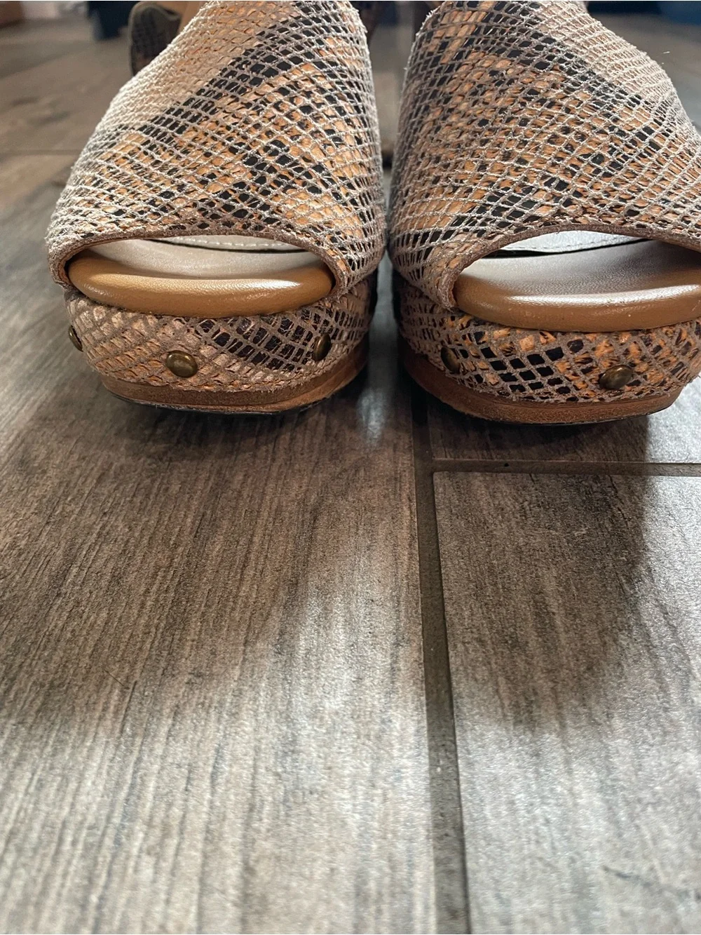 Free People Tan Snake-Print Block Heel Sandals